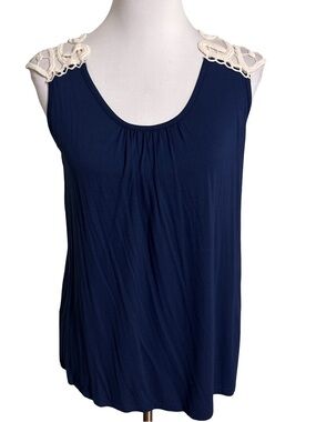 Brooklyn Cloth Navy Sleeveless Top with Cream Crochet Shoulders